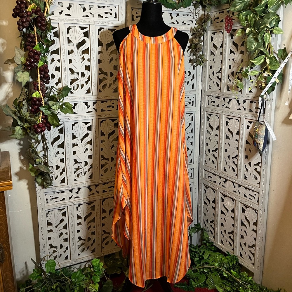 SPEED CONTROL VIBRANT ORANGE & MULTICOLOR VERTICAL STRIPES SLEEVELESS PLUS DRESS
